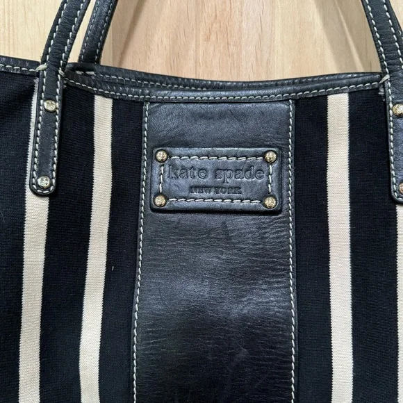Kate Spade Griffen Tote Black Cream Stripe Cloth Leather Shoulder Bag - Picture 3 of 15